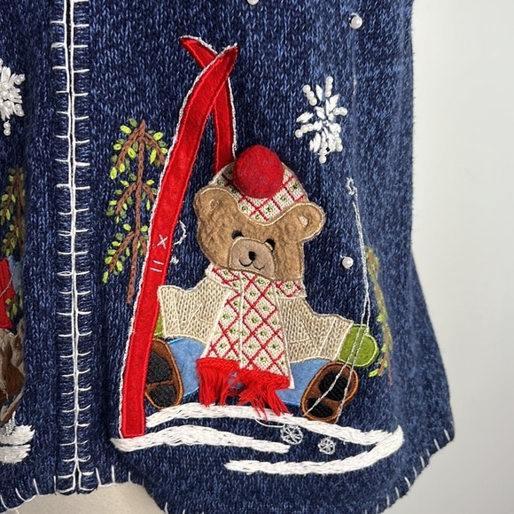 Kikit Teddy Bear cute navy blue Christmas Sweater Vest Holiday Cardigan large - Picture 8 of 11